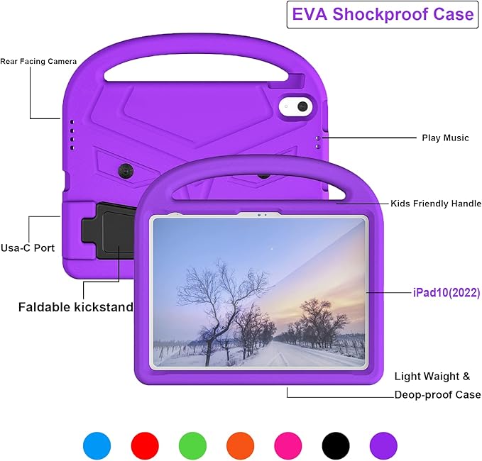 Dteck for iPad 10th Generation Case Kids 10.9 Inch 2022, Durable Lightweight Shockproof Protective Handle Stand EVA Foam Boys Girls Kids Proof Case for iPad 10th Generation 10.9 Inch 2022,Purple