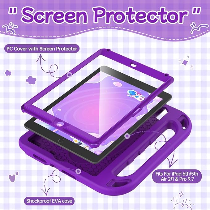 BMOUO Kids Case for iPad 6th/5th Generation (iPad 9.7-inch, 2017/2018), iPad 9.7/Air 2 Case with Screen Protector, Shockproof Handle Stand iPad 6th 5th Generation Cas e for Kids, Purple