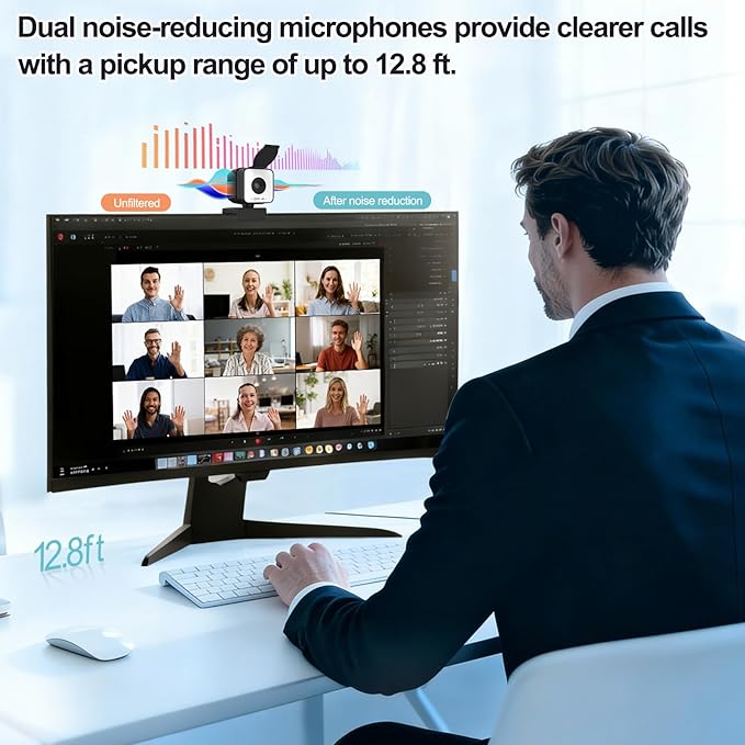 4K USB Webcam with Dual Microphones, 9X Hybrid Zoom, Auto Light Correction, 86° Wide Angle for Video Conferencing, Live Streaming, Remote Work, Compatible with PC Desktop Laptop