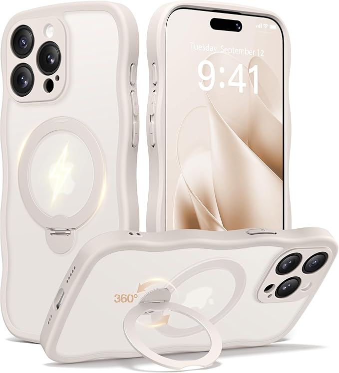 CAPRARO for iPhone 15 Pro Case with 360° Spin Magnetic Stand for Women, [Compatible with MagSafe] [Full Camera Protection] Cute Wave Translucent Matte Case for iPhone 15 Pro, Stone