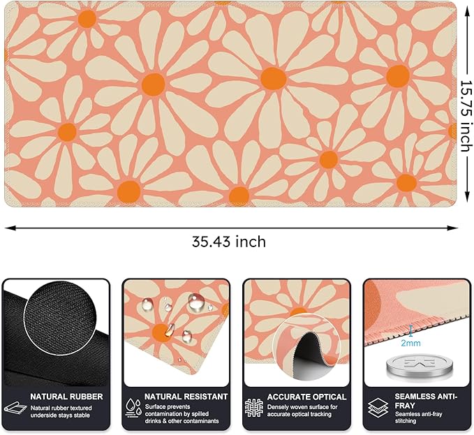 iCasso Desk Mat, Desk Matt for Desktop, Cute Desk Pad Mat, XXL Large Mouse Pad for Desk, Anti-Slip Big Mousepad with Stitched Edges, Keyboard Pad Mouse Mat for Computer, Work, Gaming (Orange Floral)