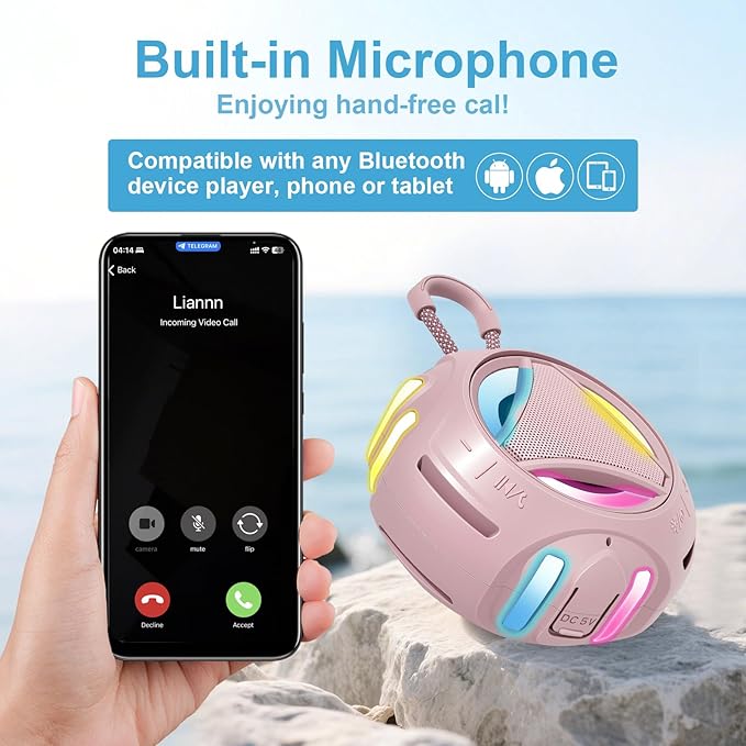 Portable Bluetooth Speaker, IPX7 Waterproof Wireless Outdoor Speakers, Mini Shower Speaker, Floating, Built-in Mic, 24H Playtime with LED Lights,Loud HD Sound, Powerful Bass, Gifts for Unisex - Pink