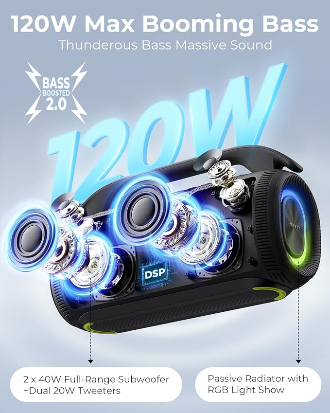 havit 120W Loud Bluetooth Speaker with Deep Bass, IPX6 Waterproof Outdoor Party Speaker, RGB Lights, 12H Playtime, TWS Pairing, Portable Speaker for Beach, Camping, Backyard
