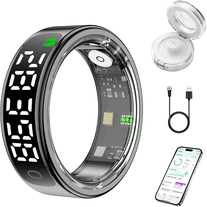 Smart Health Ring for Women Men, Smart Ring Fitness Tracker for iOS Android, Heart Rate, Blood Oxygen, Blood Pressure, Sleep Monitoring,5ATM Waterproof, No Subscription Fee (Black, 8#)