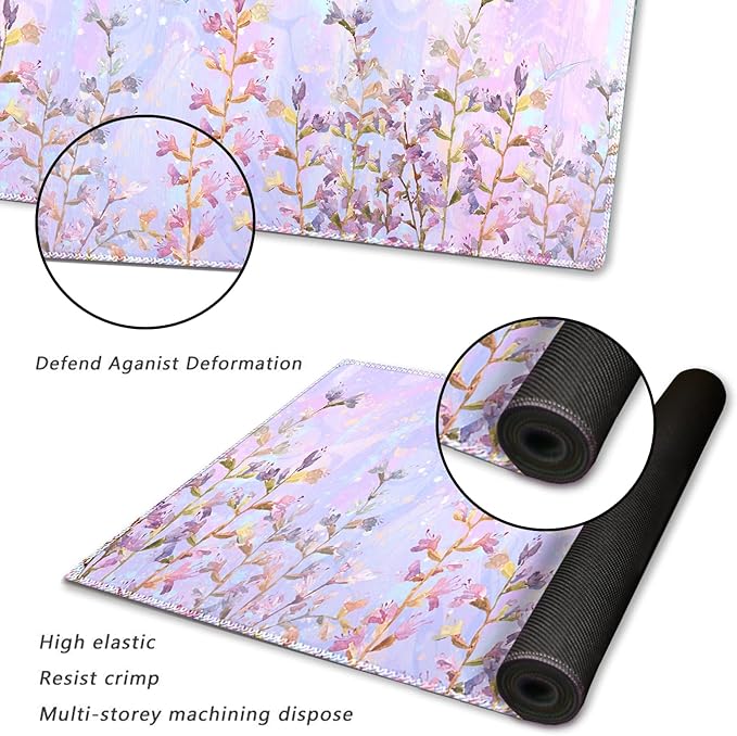 ARTSO Large Gaming Mouse Pad with Stitched Edges, XXL Extended Keyboard Mat Long Mousepad Desk Decor Writing Pad 35.1x15.7 in, Non-Slip Base for Work, Game, Office, Home, Pink Purple Plant