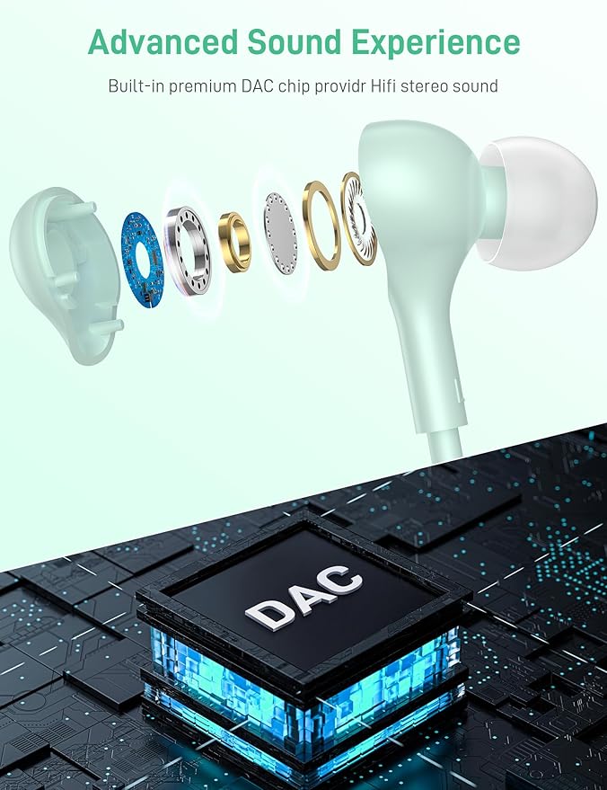 iMangoo for Apple USB C Wired Headphones, Hi-Fi Sound Corded Earbuds, Ergonomic Small in Ear Buds for iPhone 17 Pro Max/17e/16 Plus/16e/15, for Samsung S26/S25 Ultra/for Pixel Type C Earphones Mint