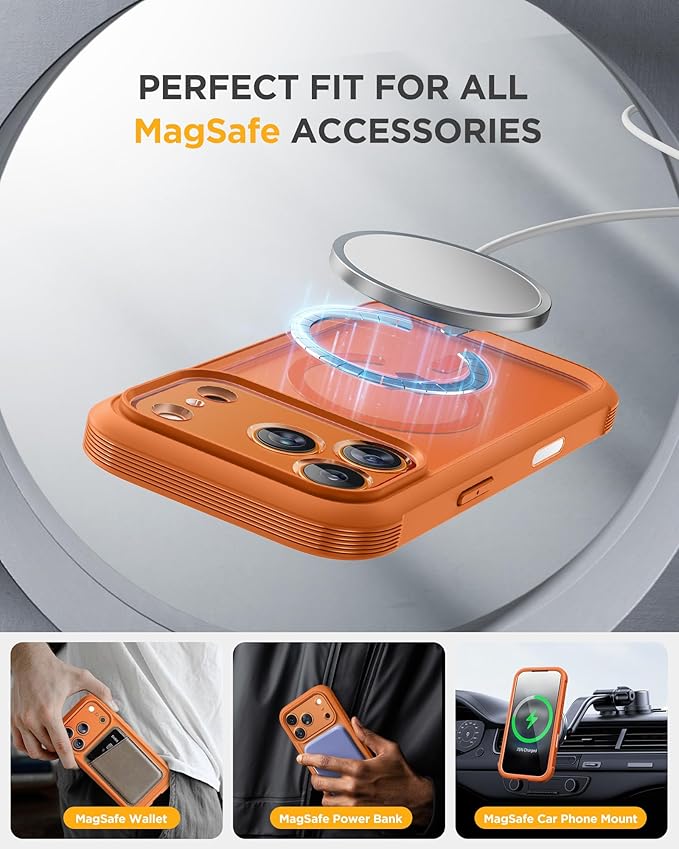Miracase Magnetic for iPhone 17 Pro Case 6.3" [Compatible with MagSafe] Full-Body Phone Case with Built-in Glass Screen Protector & Camera Control,Drop Proof iPhone 17 Pro Cover, Orange