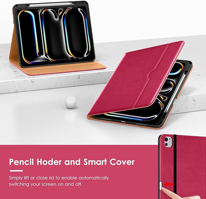 VIKESI Case for iPad Pro 13-inch M5 or M4 Released in 2025 or 2024, Leather Stand Cover with Apple Pencil Holder, Auto Wake/Sleep, Multiple Viewing Angles, Built in Hand Strap & Pocket,Peach