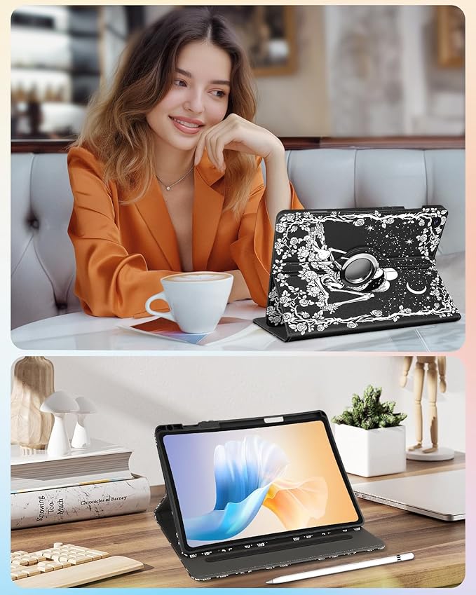 Kidcube for Samsung Galaxy Tab A9 Plus Case 11 Inch - for Women Girls Cute Rotating Stand Folio Cover with Pencil Holder & Card Slot Goth Skull Floral Unique Design for Samsung A9 Plus Tablet Cases
