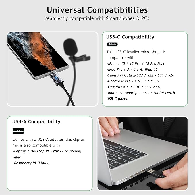 USB C Lavalier Microphone, Omni Condenser Clip-on Mic for iPhone 17/16/15, Samsung, Google, Oneplus, with USB-A for Computer & Laptop, 6.6FT, External Lapel Mic for Youtube, Interview & Podcast