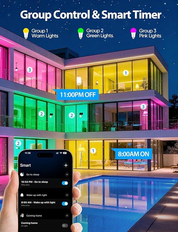 Smart A19 LED Light Bulb, Color Changing Light Bulbs, Compatible with Alexa & Google Assistant, Dimmable RGBTW, 2.4GHz Wi-Fi Bluetooth Bulbs, 9W (60W Equivalent), No Hub Required, 8 Packs