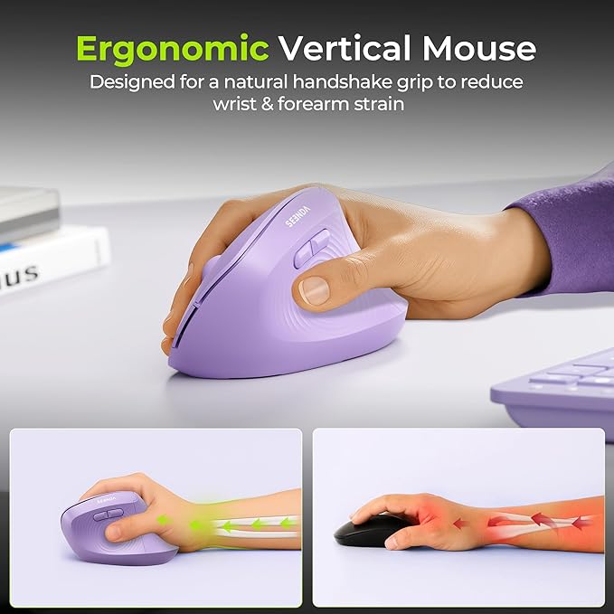 seenda Ergonomic Mouse Wireless, MOU200 Bluetooth Vertical Mouse - 3 Multi-Device Connectivity,1000/1600 /2400 DPI, Ergo Optical Mice for Windows, Mac OS, Computer/PC/Laptop, Purple