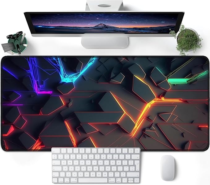 3D Neon Geometric Gaming Mouse Pad – Blacklight Large Extended Glow in the Dark Waterproof E-Sports Desk Mat with Non-Slip Base for Gamers & Office - 31.5" x 11.8"