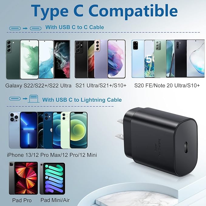 USB C Charger Block, 25W Super Fast Charging Block PD 3.0 USB C Wall Charger Power Adapter for Samsung Galaxy S26 S26+ S25 S26 Ultra S24 S23fe Z Fold Flip Tab A16 A17 5G A03S A13 A23 A15 A53 A54