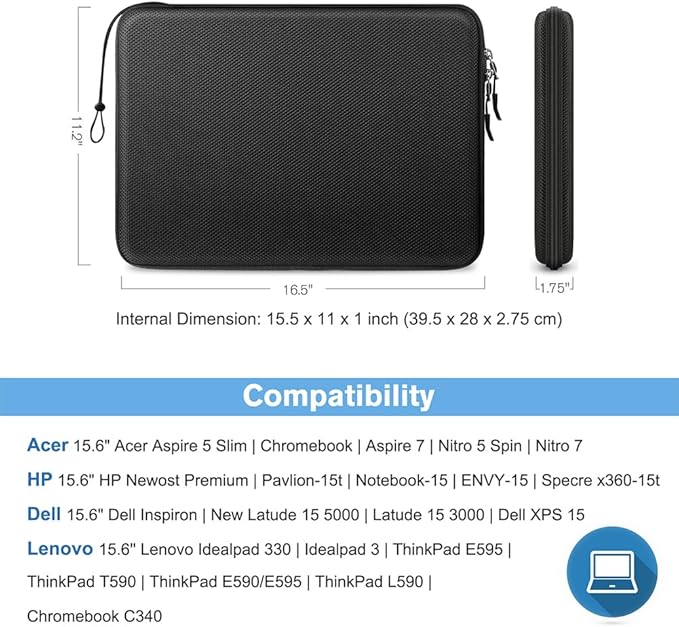 FINPAC 15.6-inch Hard Laptop Sleeve Case Compatible with 15.6 Inch Acer Aspire, Shockproof Computer Carrying Case for HP Dell Razer Samsung Laptop Chromebook, Black