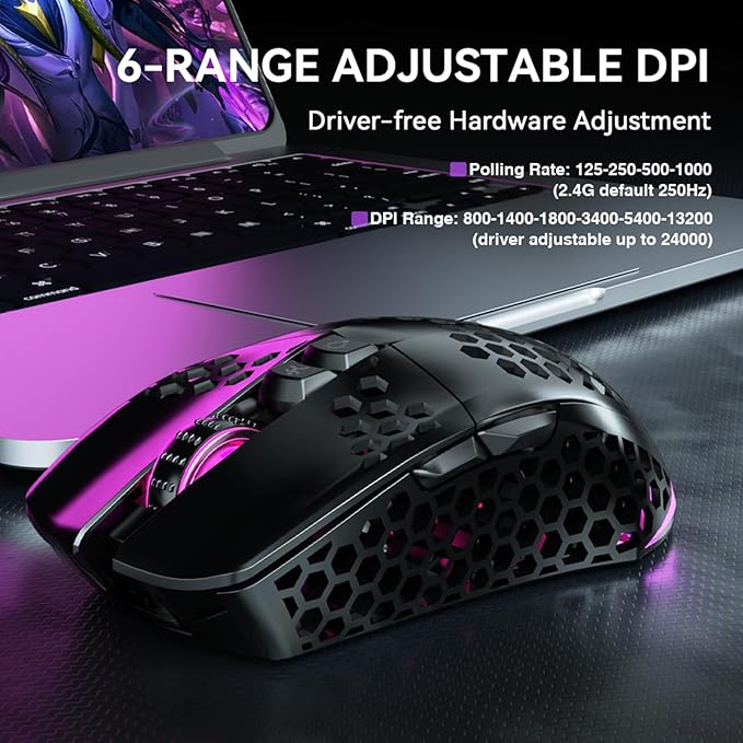SOLAKAKA SM600 Honeycomb Shell Gaming Mouse Wireless,Tri-Modes BT/2.4G Wireless/Type-C Wired Gamer Mouse with 2 Side Buttons, Macro Programmable and RGB Light for PC/Mac/Laptop,Black