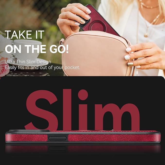 Compatible with iPhone 14 Pro Max Case with Stand, Compatible with MagSafe, Slim PU Leather & Durable TPU Protective Cover Drop-Proof with Tempered Glass Screen Protector 6.7", Red