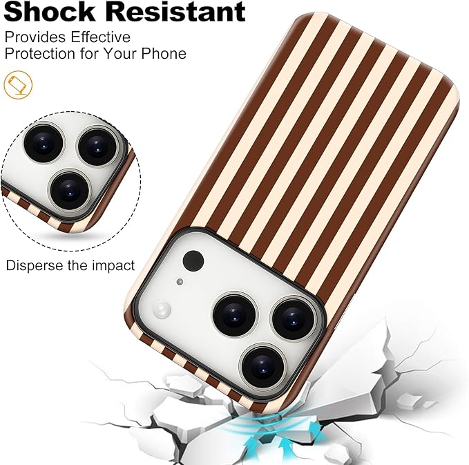 Magnetic for iPhone 17 Pro Case Cute Stripes Phone Case, Shockproof Slim TPU and Hard PC Protective Phone Cover Compatible with MagSafe Designed for Women Girls, Brown