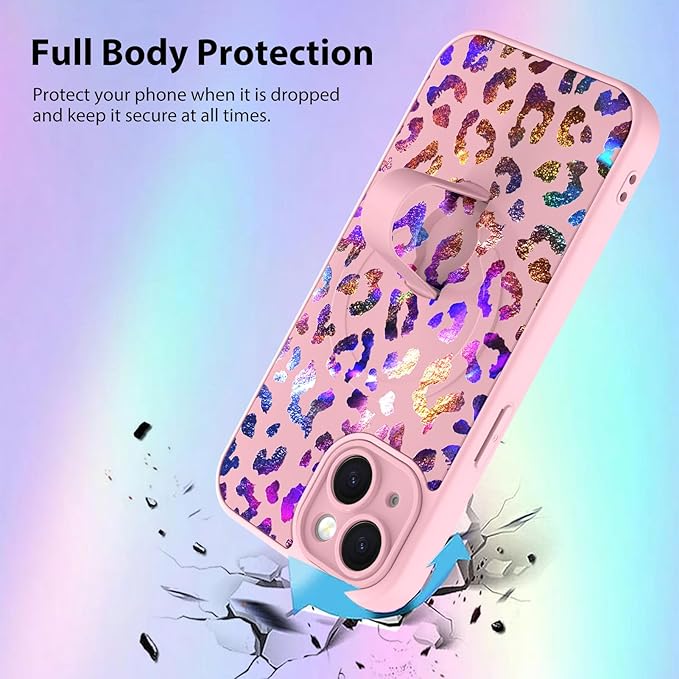 KANGHAR Compatible with iPhone 15 Case, Support for MagSafe, Silicone Cute Iridescent Leopard Cheetah Pattern, Wristband Kickstand Shockproof Protective Slim Cover for Women Girls, Pink