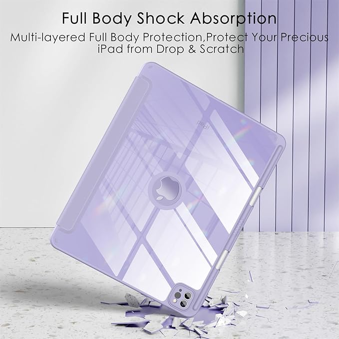 Soke for New iPad Air 13 Inch Case (M3 2025/M2 2024) with Pencil Holder, [Auto Wake/Sleep + Camera Protection] Shockproof Cover with Clear Transparent Back for Apple iPad Pro 12.9", Gray Purple
