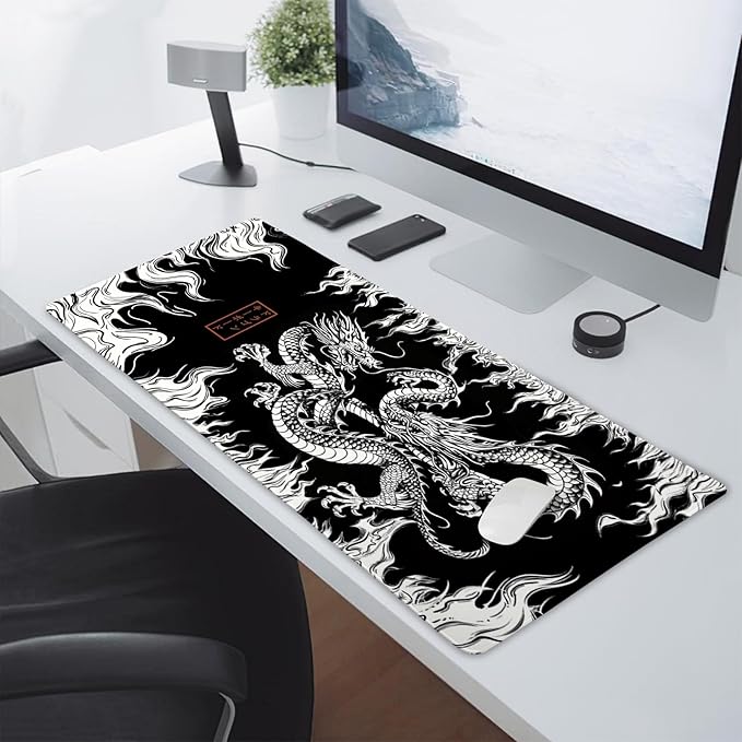 Japanese Dragon Mouse Pad XXL Black White Aesthetic Anime Extended Desk Mat 90X40 cm Non-Slip Rubber Base Stitched Edge Large Mousepad for Gaming Laptop Computer Desktop 35.4×15.7 Inch