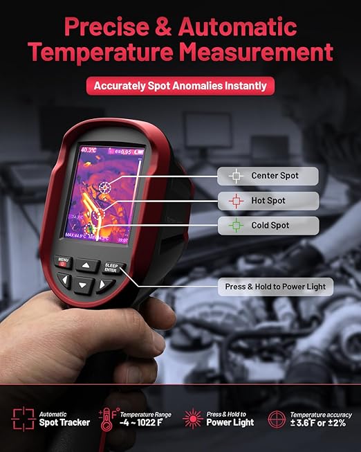 Thermal Camera, 240 x 240 TSIR Imaging Resolution, -4°F to 1022°F, 18-Hour Battery Life, 25Hz Mini Handheld Infrared Camera, 2.8" Screen, LED Lamp, 16 GB, Temp Alerts, Auto Shutdown, IP54 VectorPoint