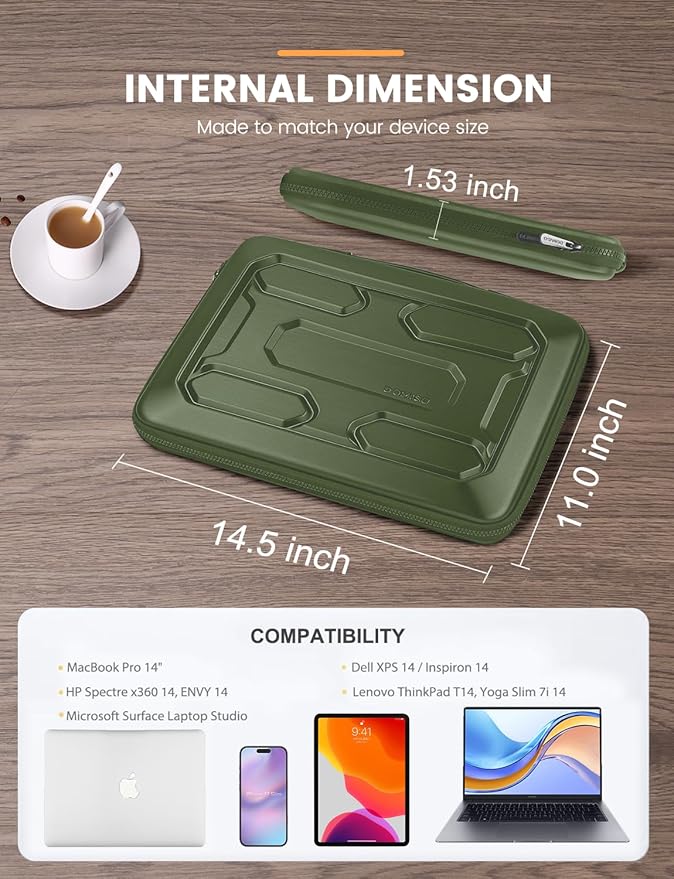DOMISO 14 inch Laptop Sleeve with Handle Shockproof Computer Bag Waterproof EVA Protective Carrying Case for 14" ThinkPad E480/Yoga 920/13.5" Microsoft Surface Book/HP Pavilion 14 Stream 14, Green