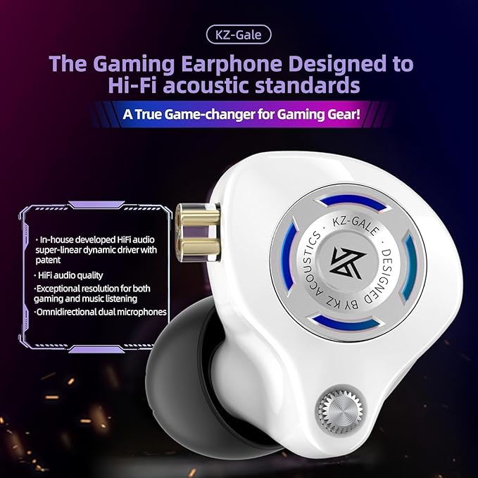 KZ Gale Wired Earbuds with Microphone, HiFi Deep Bass Comfort-Fit Ear Buds for Gaming, Super-Linear Driver IEM for Gaming, Compatible for PC, PS5, PS4, Nintendo, Switch, Steam Deck (3.5, White)