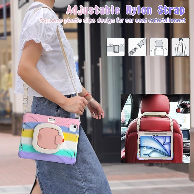 SCSVPN Kids Case for iPad Air 11 Inch M4/M3/M2 (2026/2025/2024), iPad Air 5th/4th Gen 10.9''(2022/2020), iPad Pro 11 4th/3rd/2nd/1st Gen, Protective Cover with Pen Holder, Stand, Shoulder Strap, Pink