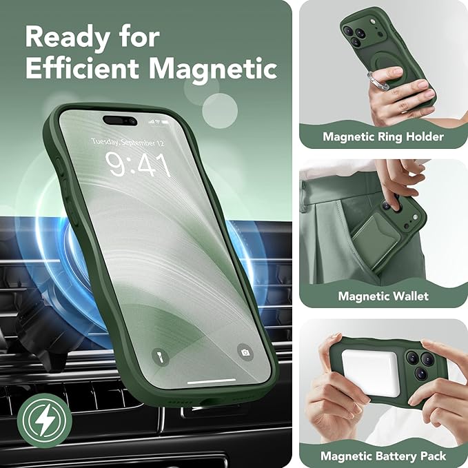 CAPRARO Magnetic for iPhone 17 Pro Max Case for Women Girls, Upgraded [Full Camera Protection] [Compatible with MagSafe] Cute Wave Translucent Matte Phone Case for iPhone 17 Pro Max, Deep Green