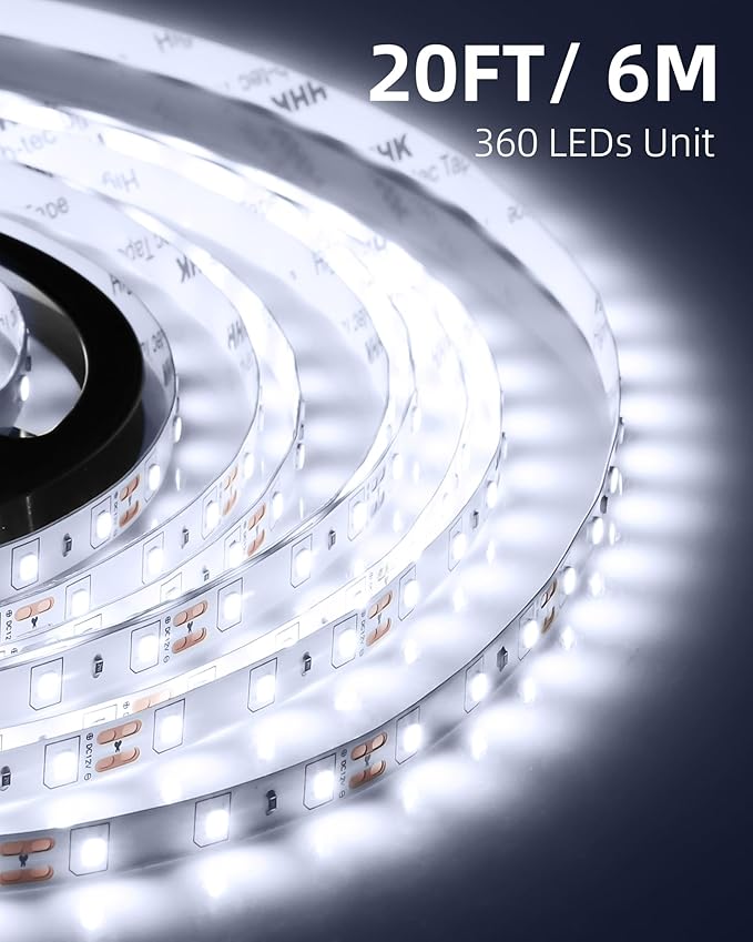 20ft LED Strip Lights with Remote, 6500K Daylight White Dimmable Tape Lights, 12V 360 LEDs 2835 Strong Adhesive Rope Lights for Cabinet Kitchen Ceiling Closet Vanity Mirror Stairway Basement