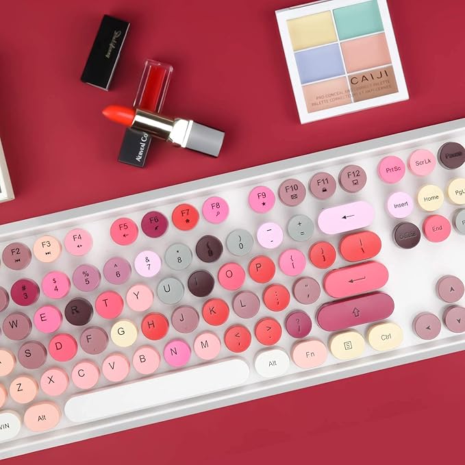 Retro Wireless Keyboard and Mouse Combo,Vintage Typewriter Key Board with 104 Cute Colorful Round Keys, 2.4GHz Full Size Aesthetic Bubble Keyboard&3 DPI Mouse for PC Laptop Desktop (Mixed Pink&Red)