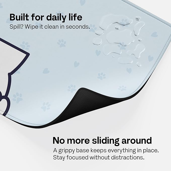 Pixio Mouse Pads - 36 x 16 inch XXL Squishy Cat Light Blue Multifunctional Large Desk Mats for Gaming, Office, Desktop Anti-Slip Waterproof Washable Computer Mouse Mat