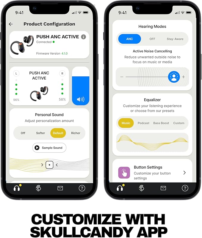 Skullcandy Push ANC Active Wireless Earbuds, Bluetooth Headphones, Noise Cancelling, 58 Hours Battery, Secure-Fit Over-Ear Hanger, Sweat and Waterproof, Microphone for iPhone Android - Primer