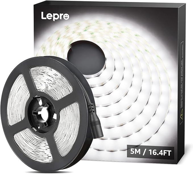 Lepro 12V LED Strip Light, Flexible, SMD 2835, 16.4ft Tape Light for Home, Kitchen, Party, Christmas and More, Non-Waterproof, Daylight White(Not Include Power Adapter)