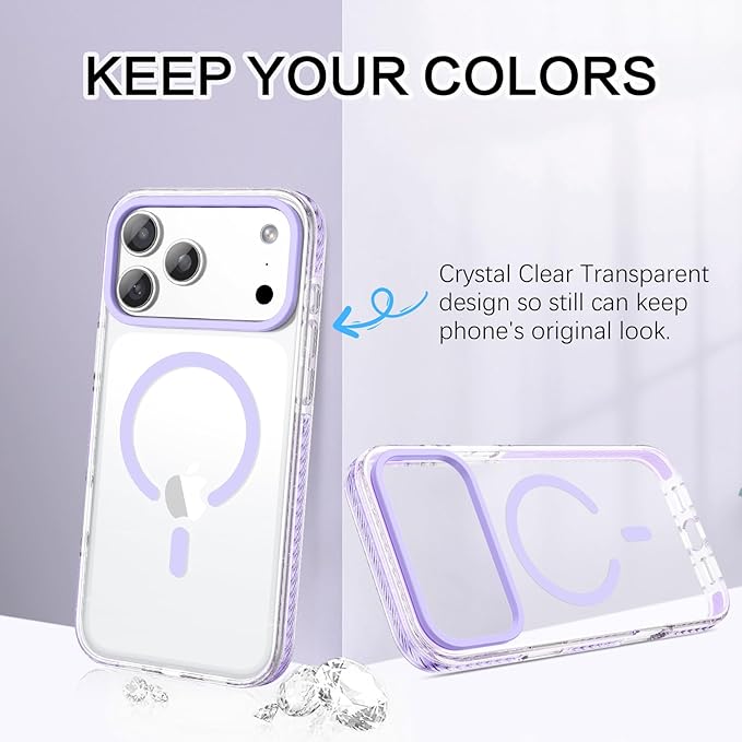 BENTOBEN Magnetic for iPhone 17 Pro Max 6.9" Case, Compatible with Magsafe Military Shockproof Protective Cute Transparent Slim Anti-Yellowing Phone Case for iPhone 17 Pro Max Cover, Clear Purple