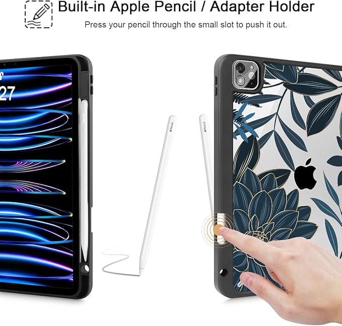 Tuiklol for iPad Pro 11 Inch 4th / 3rd / 2nd / 1st Gen (2022 2021 2020 2018) Case -Built-in Pencil Holder Shockproof Cover Clear Transparent Back Shell with Auto Wake/Sleep, Black Flower