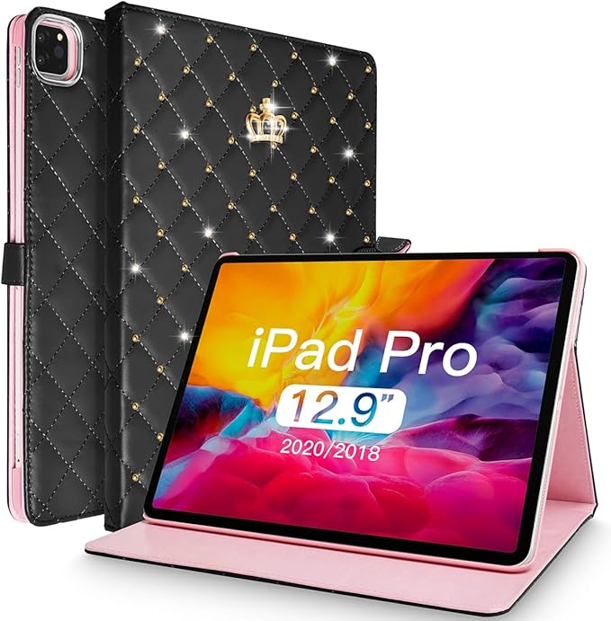 Changjia for iPad Pro 12.9 Inch Case 6th/5th/4th/3rd Generation (2022/2021/2020/2018),Crown Diamond Bling Cute PU Leather Smart Auto Sleep/Wake Stand Shockproof Protective Case for iPad 12.9Inch,Black