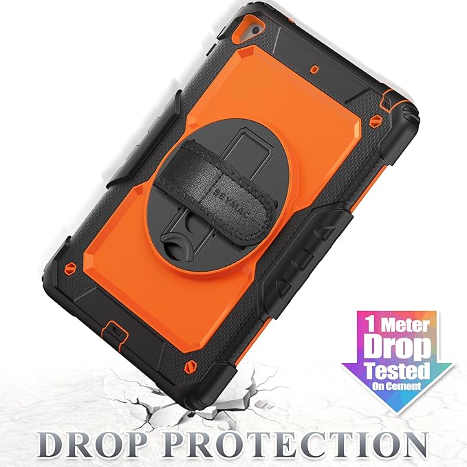 SEYMAC stock Case for iPad 6th / 5th Generation Case/Air 2 / Pro 9.7 inch, Heavy Duty Protective with Screen Protector, with Pencil Holder, Hand Strap, Shoulder Strap, 360 Rotate Stand, Orange+Black