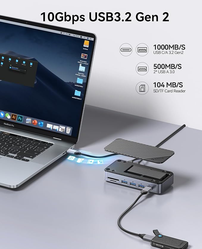 ORICO 12-in-1 USB C Hub with M.2 SSD Enclosure 10Gbps, Tool-Free USB C Docking Station with Built-in Fan, HDMI, DP, Gigabit Ethernet, 100W PD, SD/TF, Audio/Mic, USB A & Type C for Laptop Mac-M2P11