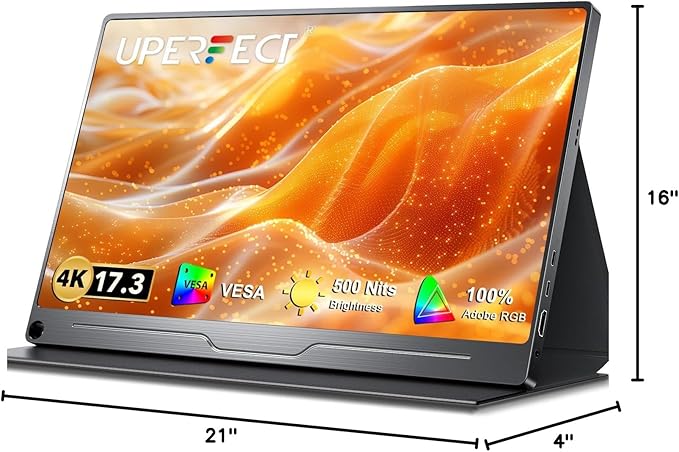 UPERFECT 17.3'' 4K Portable Monitor QLED, 600 Nits 150% sRGB UHD FreeSync HDR 2 Speakers Eye Care Travel Monitor, 2 Fully Functional Type-C Port & HDMI for Laptop PC Phone, VESA & Stand
