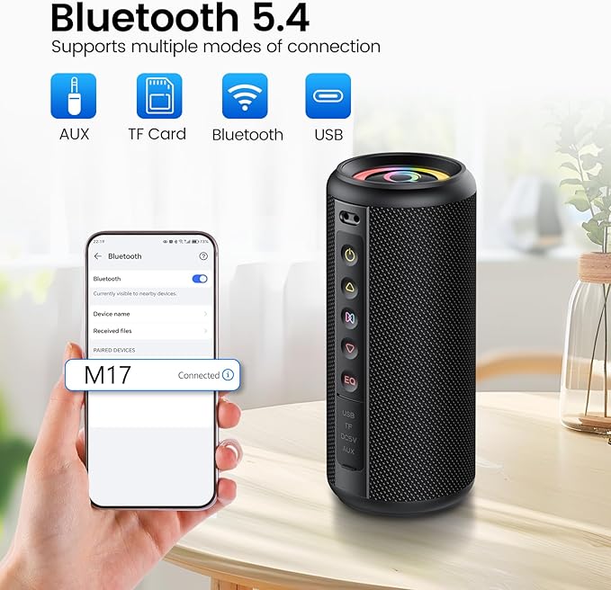 Portable Bluetooth Speaker, 2026 Bluetooth 5.4 Wireless Speaker with 20W HD Loud Stereo Sound, 20H Playtime, LED Lights, IP7, TWS Pairing, Built-in Mic, for Outdoor, Home, Beach, Party, Gift
