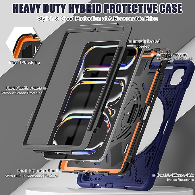 Batianda Case for New iPad Pro 11-inch 2025 M5 2024 M4 Chip Heavy Duty Rugged Durability Silicone Tablet Cover with 360° Rotating Hand Strap Foldable Hidden Stand & Shoulder Strap, Navy Blue