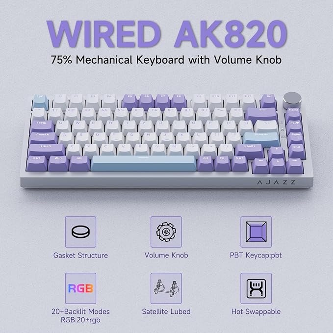 Ajazz 75% Mechanical Gaming Keyboard with Volume Knob, Gasket Mount Wired Custom Keyboard, South-Facing RGB Backlit, PBT Keycaps, Pre-lubed Linear Switches, Creamy Sound for Office & Gaming