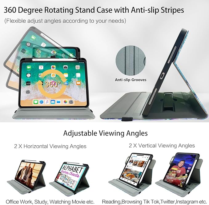 Rotating iPad Air 11-Inch Case M4/M3/M2, Case for iPad Air 5th/4th Generation 10.9 Inch,360 Swivel Multi-Angle Adjustable Stand Pencil Holder/Pocket/Hand Strap iPad Pro 11-inch case Flowers Butterfly