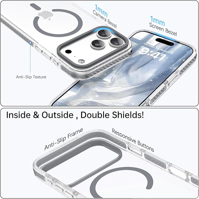 BENTOBEN Magnetic for iPhone 17 Pro 6.3" Case, Compatible with Magsafe Military Shockproof Protective Cute Transparent Slim Anti-Yellowing Phone Case for iPhone 17 Pro Cover, Clear Gray