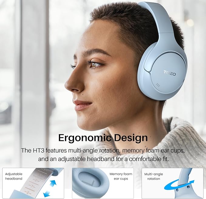 TOZO HT3 Hybrid Noise Cancelling Headphones, 90H Battery Life Wireless Over Ear Bluetooth 6.0 Foldable Headset, AI Voice Assistant with 5 Mics, Connect 2 Devices & Hi-Res Sound, 32 Audio EQ, with Case