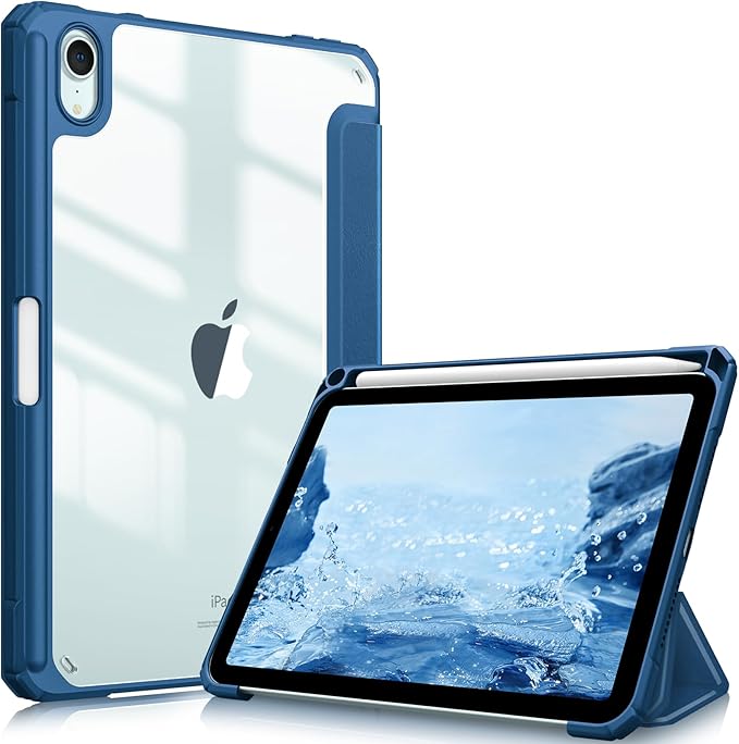 Fintie Hybrid Slim Case for iPad Mini 7 (A17 Pro, 7th Generation) 2024 / iPad Mini 6 (6th Gen) 8.3 Inch, [Built-in Pencil Holder] Shockproof Cover Clear Transparent Back Shell, Marine Blue