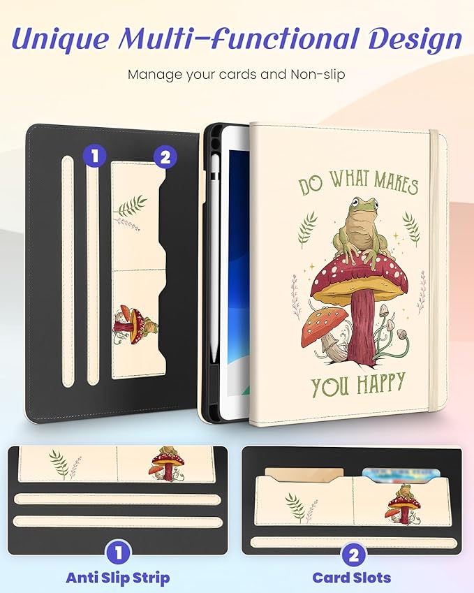 Kidcube for iPad 9th/8th/7th Generation Case 10.2 Inch - for Women Girls Kids Cute Rotating Stand Folio Cover with Pencil Holder & Card Slot Cool Frog Mushroom Design for iPad 9th/8th/7th Gen Cases