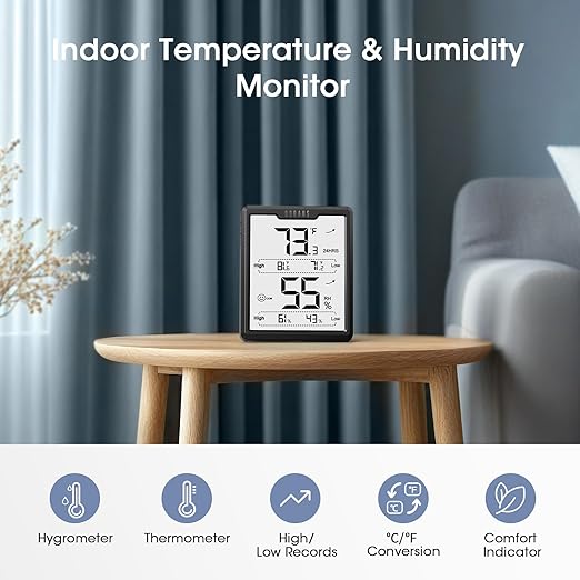 DOQAUS Digital Hygrometer Room Thermometer Indoor, Humidity Meter with Large LCD Display, Temperature Humidity Monitor with Max Min Records, Black